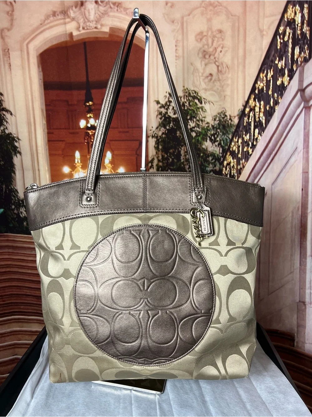 Coach Monogram Large Logo Tote Bag with Charms, Taupe Tan color